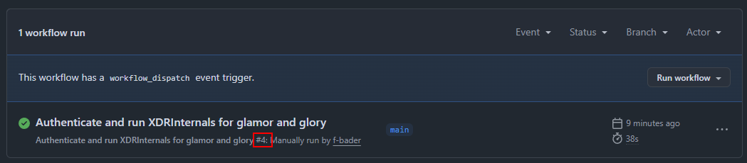 GitHub Actions workflow execution showing successful completion with green checkmarks /en/run-xdrinternal-github-action/images/github-action-success-output.png