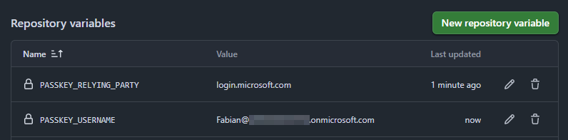 GitHub repository variables settings page showing PASSKEY_USERNAME and PASSKEY_RELYING_PARTY environment variables /en/run-xdrinternal-github-action/images/github-variables-setup.png