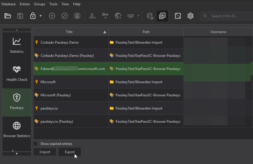 KeePassXC password manager interface showing passkey export and browser plugin configuration options /en/run-xdrinternal-github-action/images/keepassxc-passkey-export.png