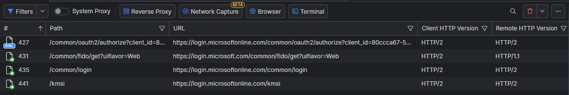 Fiddler proxy showing Entra ID passkey authentication flow with network requests /en/run-xdrinternal-github-action/images/passkey-authentication-flow.png