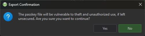 Security warning message about exporting passkey private key to unencrypted storage /en/run-xdrinternal-github-action/images/passkey-export-security-warning.png