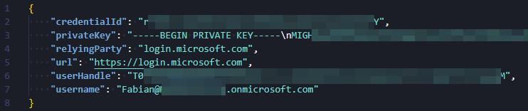 JSON structure of an exported passkey file showing FIDO2 credential data, private key, and relying party information /en/run-xdrinternal-github-action/images/passkey-json-structure.png