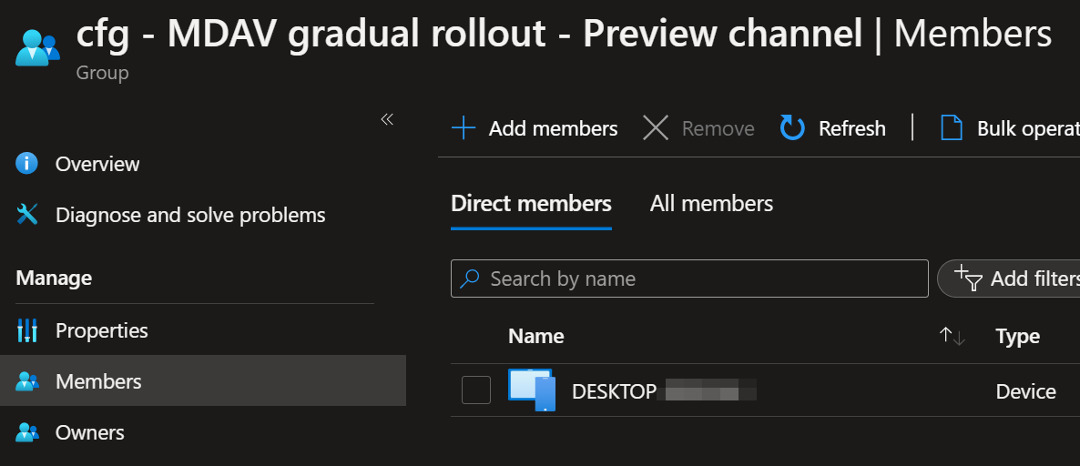 Entra ID (Azure AD) security group containing devices /gradual-rollout-process-microsoft-defender/images/Intune_AADGroup.png