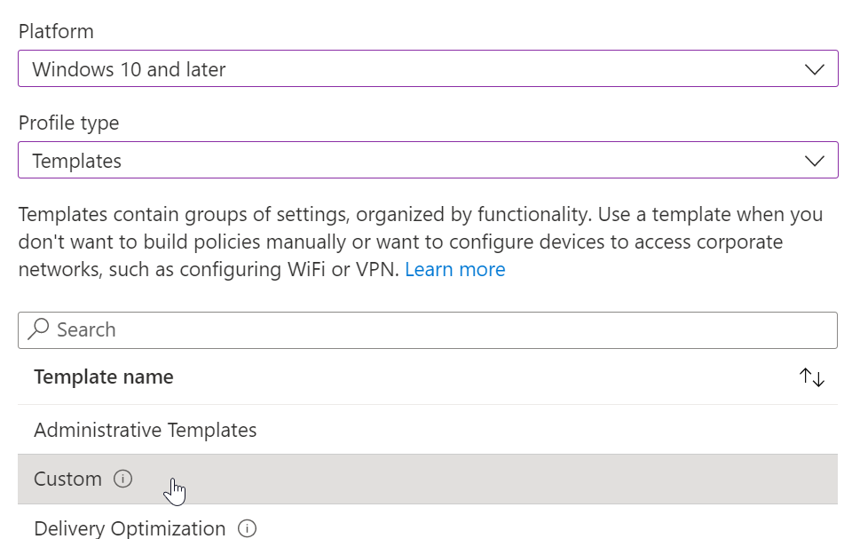 Create a custom template /gradual-rollout-process-microsoft-defender/images/Intune_CreateCustomTemplate.png